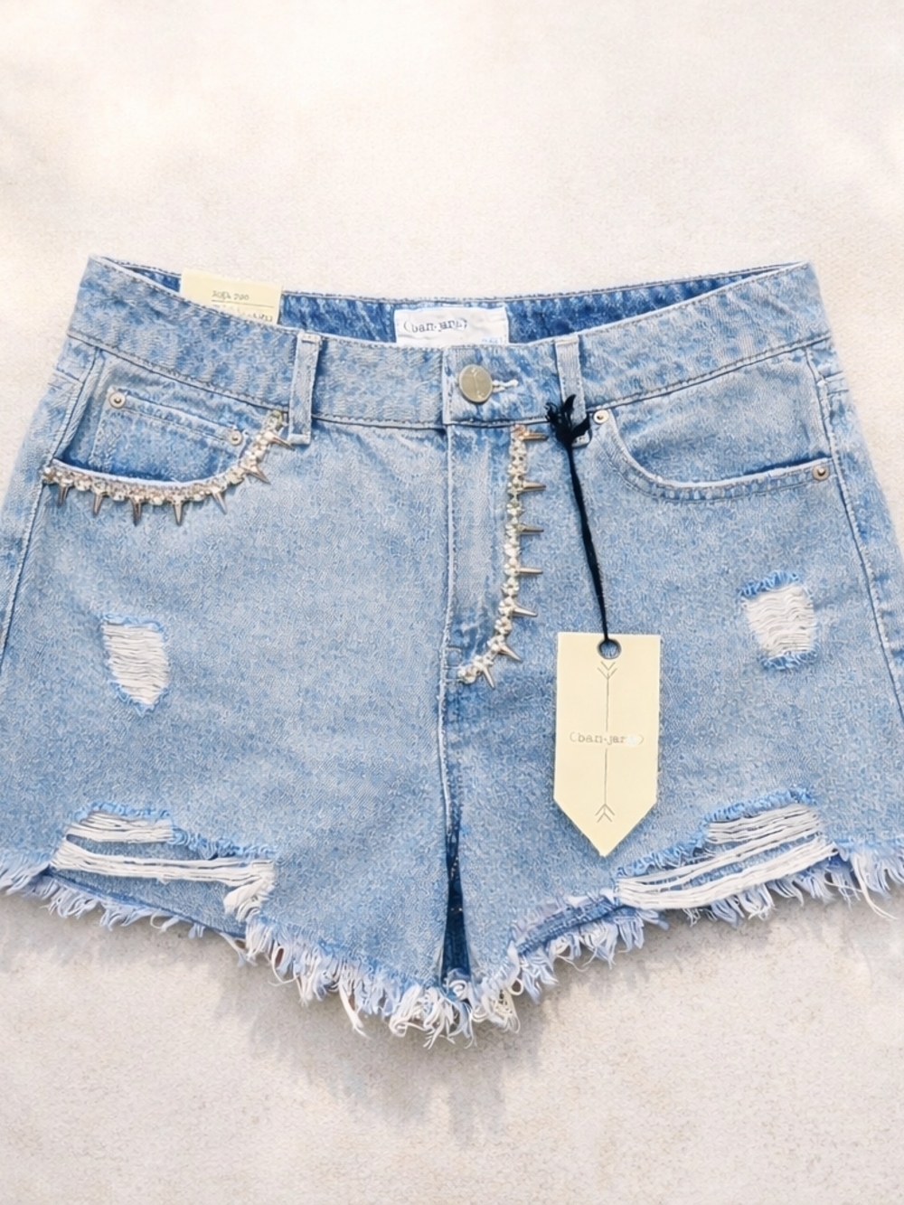 Banjara Y2K Rhinestone Denim Shorts High Rise Distressed Festival Size 9 NWT